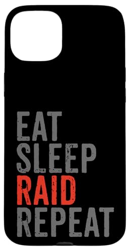 Eat Sleep Raid リピートゲーム オンラインビデオゲーマー レッド ブラック スマホケース iPhone 15 Plus 用