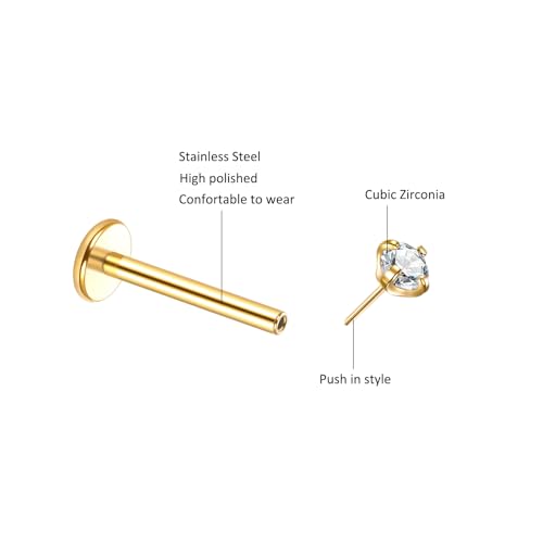 Image of Oveta Threadless Nose Stud Stainless Steel 20G 18G 16G Threadless Flat Back Tragus Earrings Labret Medusa Monroe Ashely Lip Piercing Jewerly Gold