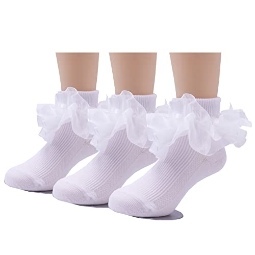 Toddler Little Girls Turn Cuff Two-Layer Big Lace Socks Frilly Cotton Ankle Dress Socks Big Girl 1-7 Years