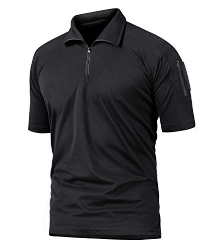 CRYSULLY Men Tactical Pullover Polo Shirts Short Sleeve Military Cargo Outdoor Shirts Black