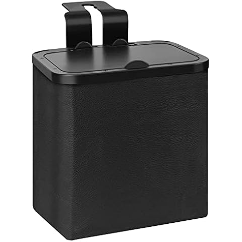 Homelove Car Trash Can, Collapsible Car Garbage Can with Lid & Car Seat Headrest Hook, Waterproof PU Leather Car Trash Bin Multifunctional Car Accessories Organizer Storage Bag,Black Cover