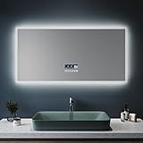 SONNI Badspiegel mit Beleuchtung 120x60 cm Bluetooth Lautsprecher LED Badspiegel beschlagfrei mit Uhranzeige Lichtspiegel 3 Lichtfarbe einstellbar Badezimmerspiegel Wandspiegel