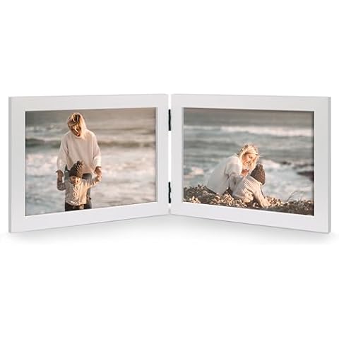 JD Concept Double 4x6 Horizontal Combo, White Wood Picture Frame, 3.5x5.5 Opening Foldable Landscape View Photo Frame on Table-top or Wall Cover