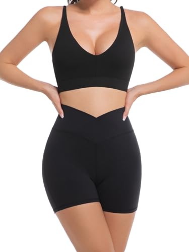 Womens Crossover Biker Shorts with Tummy Control V High Waisted Booty Criss Cross Shorts for Workout Yoga 4''4