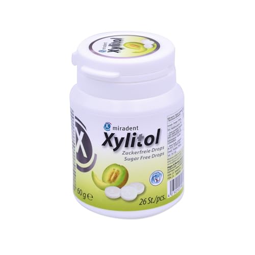 miradent Xylitol Drops Melone 60g Dose | Zahnpflege Lutschbonbons | zuckerfrei | fruchtiger Geschmack | kariespräventiv | vegan | glutenfrei