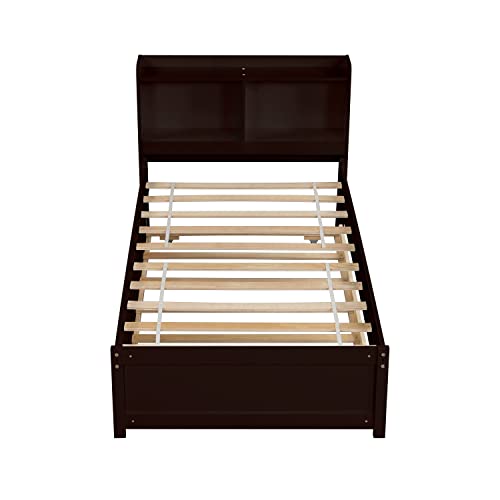 Twin Platform Bed with Trundle and Bookcase for Girls,Boys,Wooden Bed Frames with Headboard,Noise-Free,No Box Spring Needed,Espresso