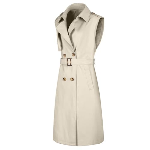 HGps8w Women's Chic Sleeveless Long Trench Coats Classic Lapel Double Breasted Mid-Length Belted Overcoat Dress Jacket4