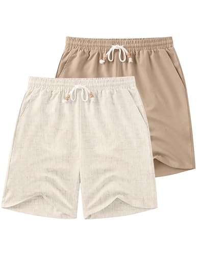 COOFANDY Casual Linen Shorts Men Drawstring Elastic Waist Lightweight Summer Vacation Beach Shorts, Light Khaki/Khaki, XL