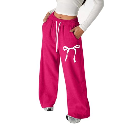 Baggy Sweatpants for Girls Cute Bowknot Preppy Clothes Straight Leg Sweat Pants Elastic Drawstring Joggers with Pockets