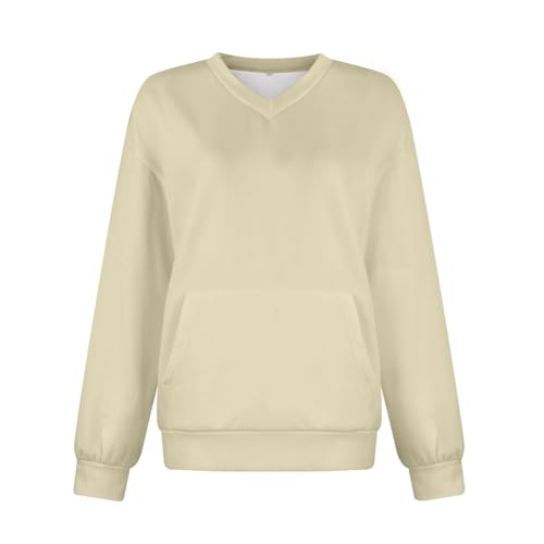 hmbudp V Neck Sweatshirt Women Pocket No Hood Oversized Pullover Casual Soft Long Sleeve Tops Fall Outfits With Pockets Beige