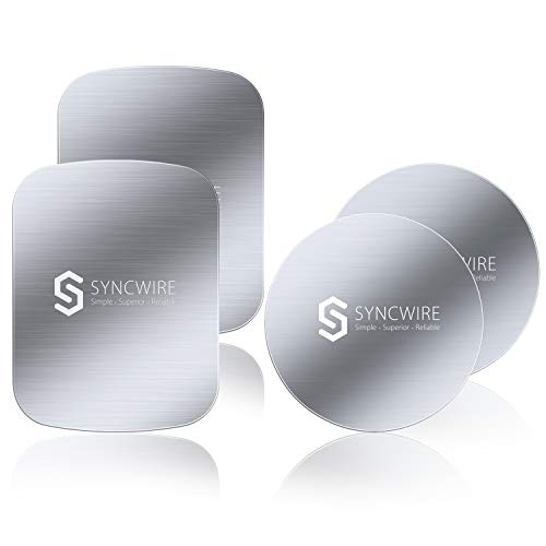 Syncwire 4 Pièces Plaques Métalliques pour Support Téléphone Voiture Magnétique/Aimant Porte Téléphone Portable Voiture, Design Fin, Résistant aux Rayures, Argenté, 2 Rectangles+2 Ronds