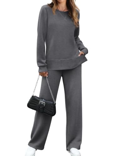 Image of OFEEFAN Women's 2 Piece Lounge Set Travel Airport Outfits Side Slit Tracksuit Wide Leg Loungewear Baggy Comfy Sweatsuit S-3XL