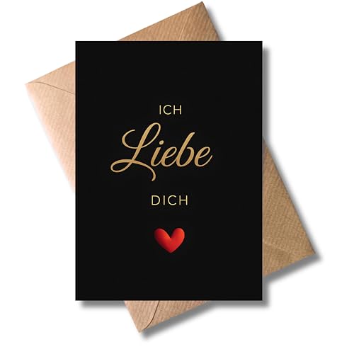 WBdesignz Ich Liebe Dich Grußkarte mit Umschlag - Einfache, elegante Liebeskarte in Schwarz-Gold...