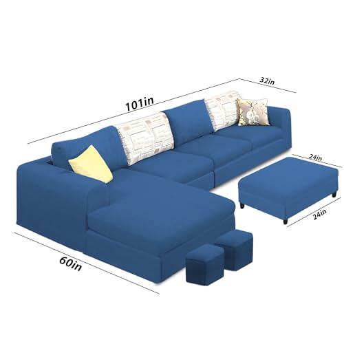Image of Koza LHS 8 Seater L Shape Sofa Set with Center Table for Living Room (Blue Fabric) Premium Fabric Sofa