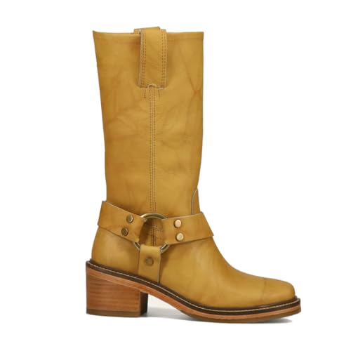 Vertundy Womens Knee High Boots Wide Calf Block Square Toe Low Heel Leather Cowboy Boots