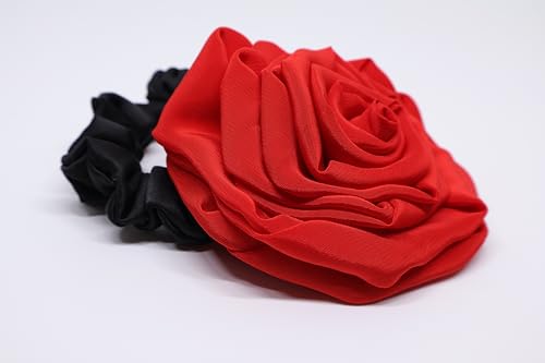 Image of Satin Scrunchies Hair Bands for Women | No-Damage Elastic Hair Ties for Ponytails & Buns | Fluffy & Stylish Rubber Bands | Free Size | Pack of 1 (Coral Red Rose)