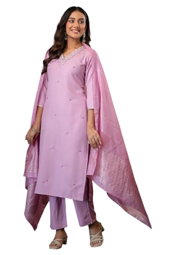 Dupatta kurti avec pantalon LookMark vêtement traditionnel femme ensemble broderie lavande S