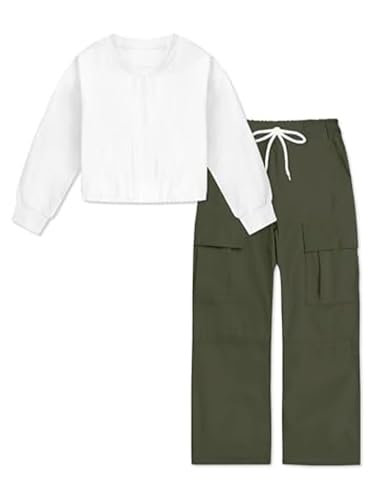 Image of Betusline Girl's 2 Piece Outfits, Cute Girls Fall Clothing Sets Cargo Pants + T-Shirt Top, 4T-14 Years