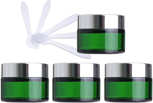 Tarros cosméticos, Paquete de 4 frascos de cosméticos de Vidrio Verde de 50 ml, recipientes vacíos for Almacenamiento de Crema Facial con Tapa Dorada y Revestimiento Interior + 4 espátulas.