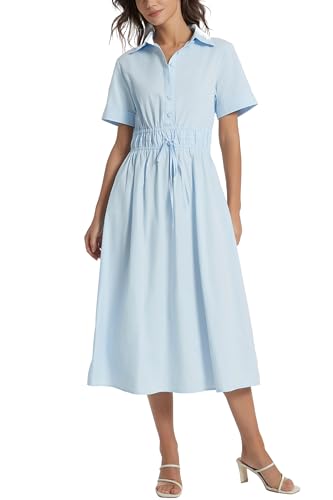 Image of Ladyful Women Casual Button Down Short Sleeve Shirt Dress Tie Waist Midi Shirt Dress Elegant Business Party