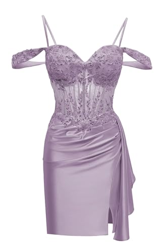 SEIM Sparkly Off The Shoulder Homecoming Dresses for Teens Tight Satin Lace Applique Cocktail Party Gowns