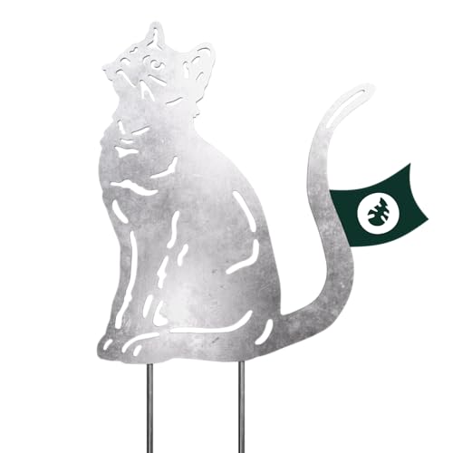 VERDOBA Katzen Gartendeko - Silberne Gartenstecker Katze - Blumenstecker in Silber - Blumentopf Katze aus stabilem Eisen mit Antikfinish - Deko für Garten, Balkon & Terrasse