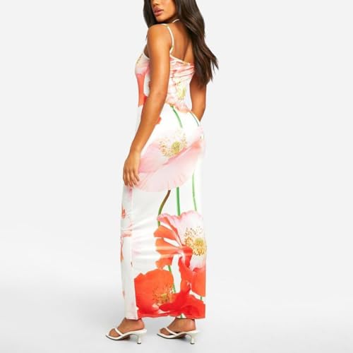 Image of Womens Summer Casual Floral Dresses Spaghetti Strap Bodycon Maxi Beach Dress Elegant Evening Party Long Dresses (US, Alpha, Medium, Regular, Regular, B White)