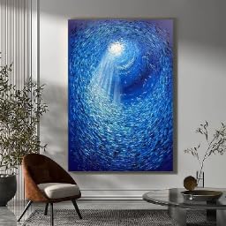 Tableaux sur toile bleue et design poisson pour une déco de chambre apaisante