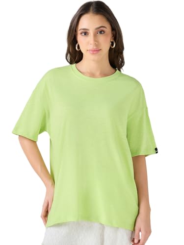 Image of Bewakoof Women's Cotton Blend Solid Oversized Fit Half Sleeve Round Neck T-Shirt | Bewakoof Air 1.0 | Casual wear | Streetwear | Oversized Tshirt for Woman Cotton| Baggy