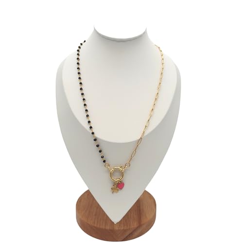 Collana lunga 50 cm con cristalli neri, maglia acciaio, ciondoli quadrifoglio oro e cuore rosa, realizzata a mano, idea regalo donna