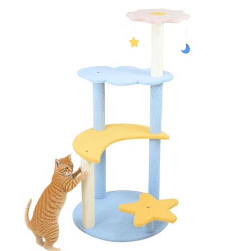 Image of Luna Cat Tree Star and Moon and Cloud with 4 Perches - Cute Multi-Level Cat Tower with Scratching Posts, Hanging Ball Toy - Colorful Cat Furniture for Indoor Cats, Kittens & Small Pets
