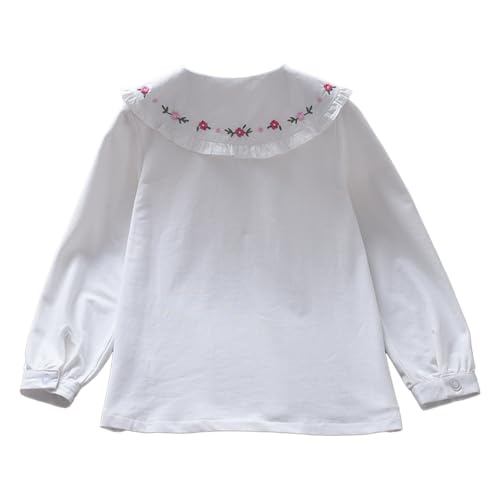 Girls Peter Pan Collar Blouse, White Long Sleeve Button Down Shirt with Floral Embroidery, Ruffle Trim2