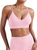 YEOREO Sports Bras for Women V Neck Adjustable Thin Straps Padded Workout Yoga Top Basic Wireless Camisole, Light Pink, Large