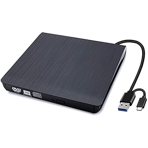 HFAN External USB & Type C CD DVD Drive, USB 3.0 & Type C Dual Port Portable Slim CD DVD +/-RW Drive Player Burner Writer Reader Rewriter For Macbook, Laptop, Computer Windows 7/8/10/XP/Vista/Mac OS Cover