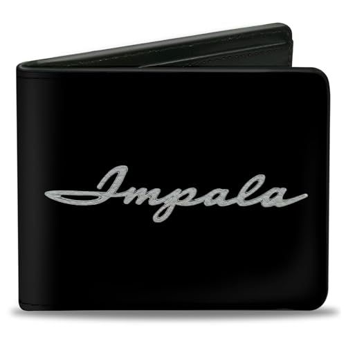 Buckle-Down Men's GM General Motors Wallet, Bifold, 1962 Impala Script Emblem Black Silver, Vegan Leather, 4.0