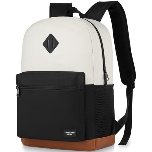 Mochila escolar YAMTION Feminina de 43 cm, mochila clássica, universitária, para meninos e meninas adolescentes, preta, bege