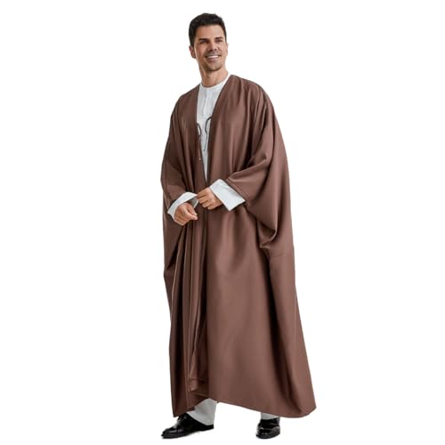 Muslim Men's Pure Color Long Sleeves Bisht Cardigan Robe Ramadan Eid Thobe (Coffee, Medium)3