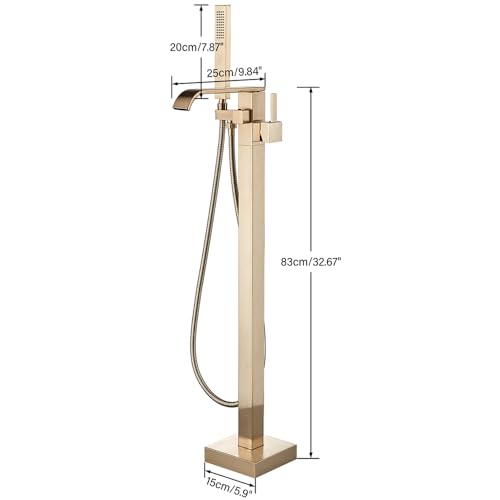 Freestanding Bathtub Faucet Brushed Gold Floor Mount Waterfall Tub Filler High Flow with Hand Shower Solid Brass 360 Degree Swivel Standing Mixer Taps for Bathroom