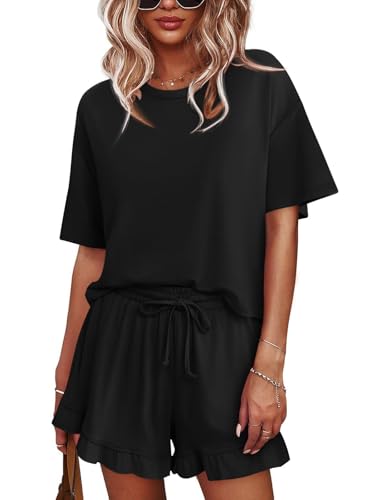 Image of Tankaneo Womens 2 Piece Shorts Set Summer Casual Short Sleeve T Shirts Drawstring Ruffle Shorts Pajamas Lounge Set