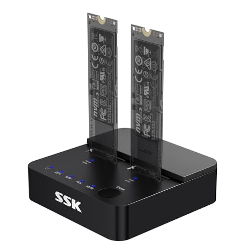 SSK Dock Disque Dur Cloner SSD M.2 NVMe SATA, Double Baie 20Gbps USB 3.2 Gen 2x2 Station d'accueil, Adaptateur USB pour SSD PCIe M Key/B+M Key avec Clonage...