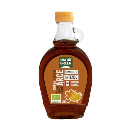 NaturGreen - Sirope de Arce Bio 250 ml, 100% Ecológico, Endulzante Natural, Apto para Cocina y Postres, Sin Gluten, Botella de Cristal