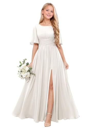 Clothfun Chiffon Scoop Neck Junior Bridesmaid Dresses Flutter Sleeve Flower Girl Dress for Wedding CY2554