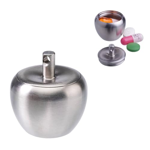 TIKIDESIGN TKM1 Small Pill Box Keychain Pill Container Stainless Steel Mini Apple-Shaped Pill Case, Waterproof Metal Pill Organizer for Travel, Camping and Outdoor