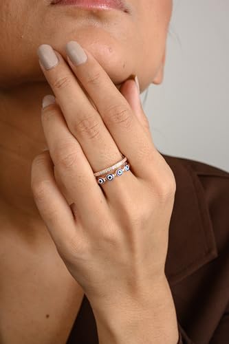 Image of American Diamond Evil Eye Open Ring for Women, Adjustable Blue Double Band Ring, Gift for Her