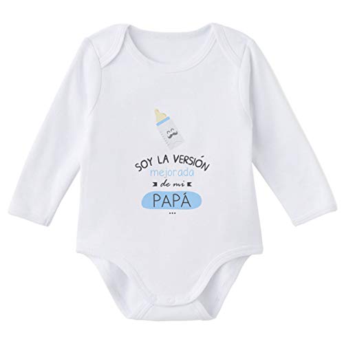 SUPERMOLON Body bebé manga larga Soy la versión mejorada de mi papá Blanco algodón para bebé 0-3 meses