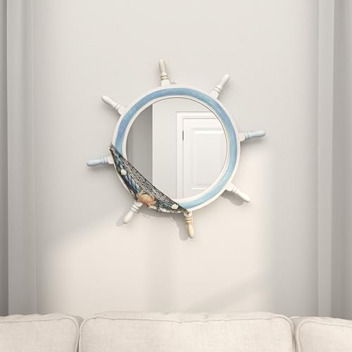 Deco 79 Wood Ship Wheel Room Wall Mirror Entryway Mirror with White Spokes and Sealife with Netting Accent, Wall Mounted Mirror 25" x 2" x 25", Blue - Image 9