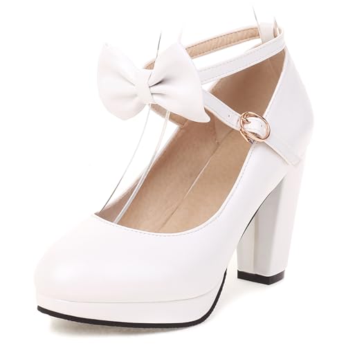 Image of ForeMode Fashion Women T-Strap High Heels Bow Platform Round Toe Pumps Leather Summer Sweet Shoes