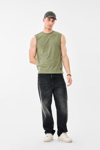 Image of SNITCH Men's Sleeveless Slim Fit T-Shirt | Ribbed Texture & Breathable Fabric | Polyester Blend Material with Stretchability | Casual Wear for Layering & Everyday Use