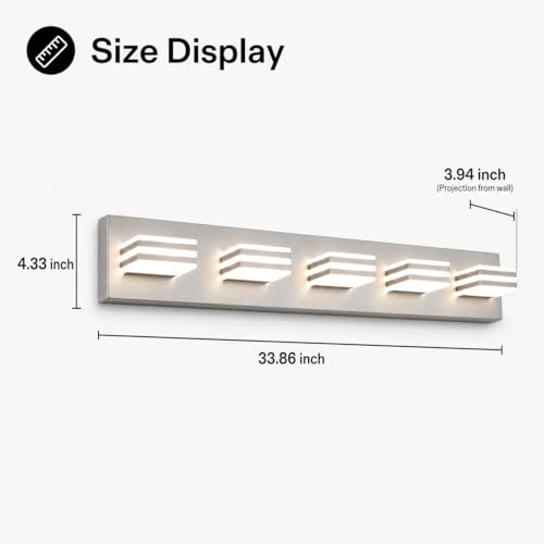Image of Yumecrelect 5-Light Brushed Nickel Vanity Light Fixture, 34 Inch 40W 5CCT Dimmable LED Bathroom Wall Light with Clear Acrylic Shade, Hardwired Over Mirror Lighting for Master Bath