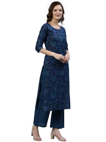 Image of YUVVIK Women's Ethnic Kurta Set | Floral Cotton Kurti with Palazzo & Matching Dupatta | Trendy Plus Size Suit for Festivals, Parties & Daily Outfit